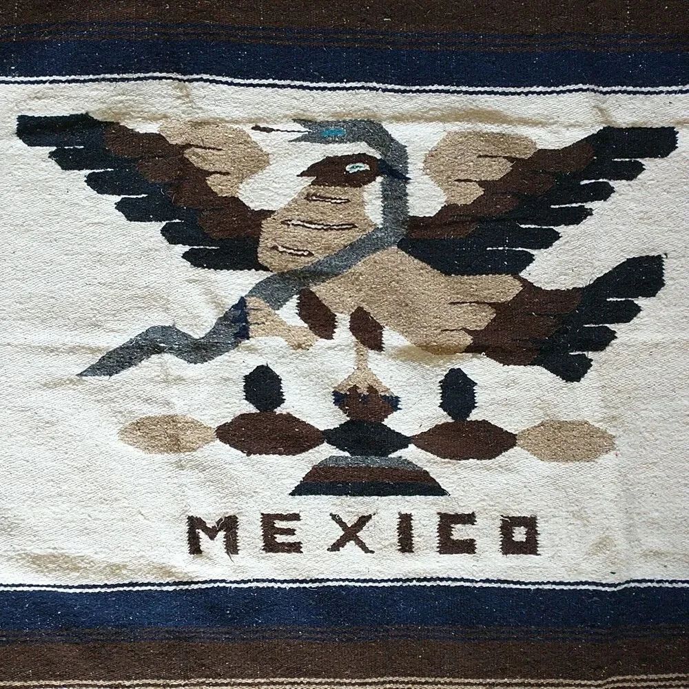Vtg Mexican Serape Woven Wool Blanket Rug Tapestry Fringes Brown Bird Snake
